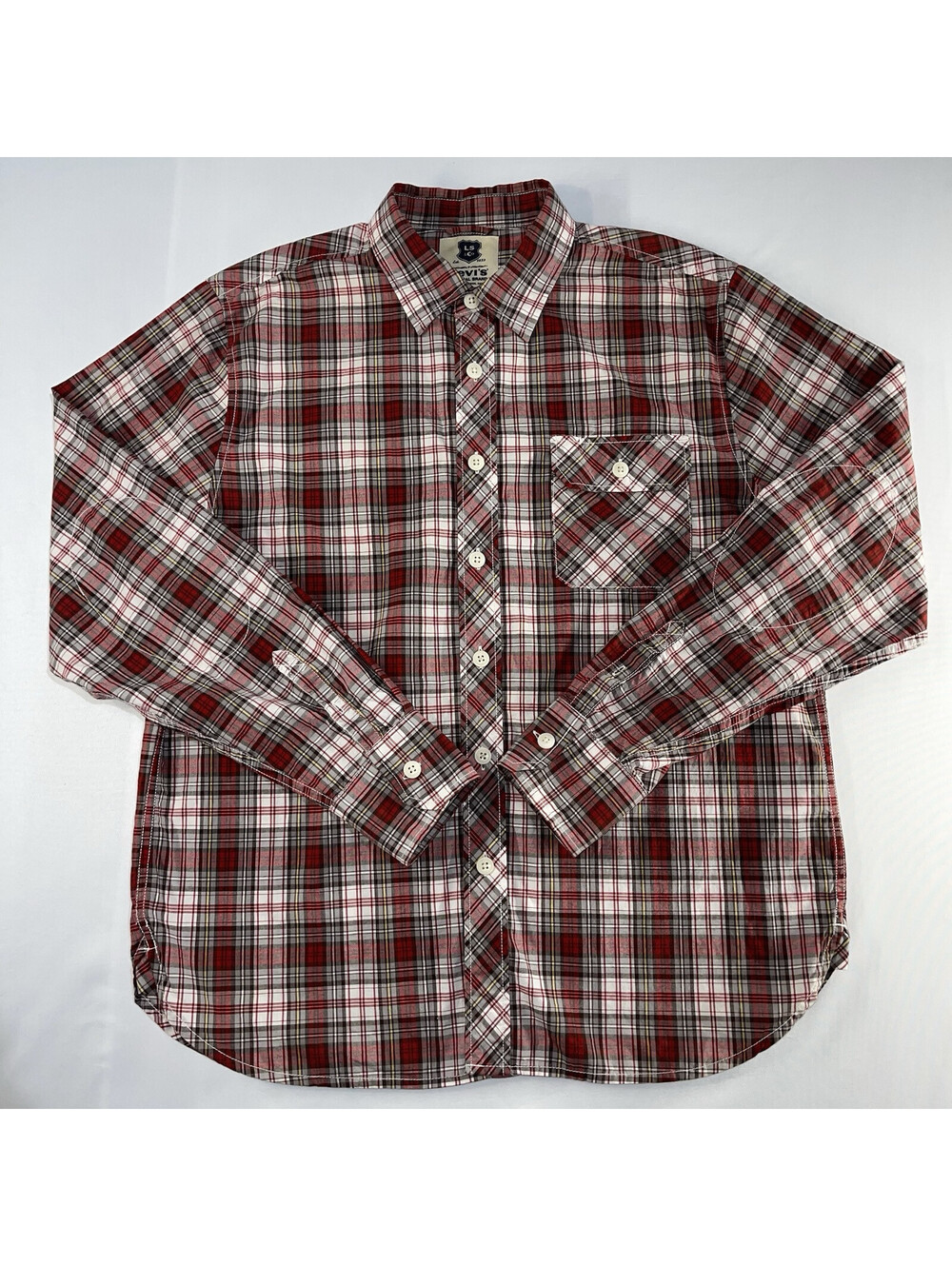 Levi’s Shirt Mens Large Red Gray Plaid Button Up Western Cowboy Long Sleeve